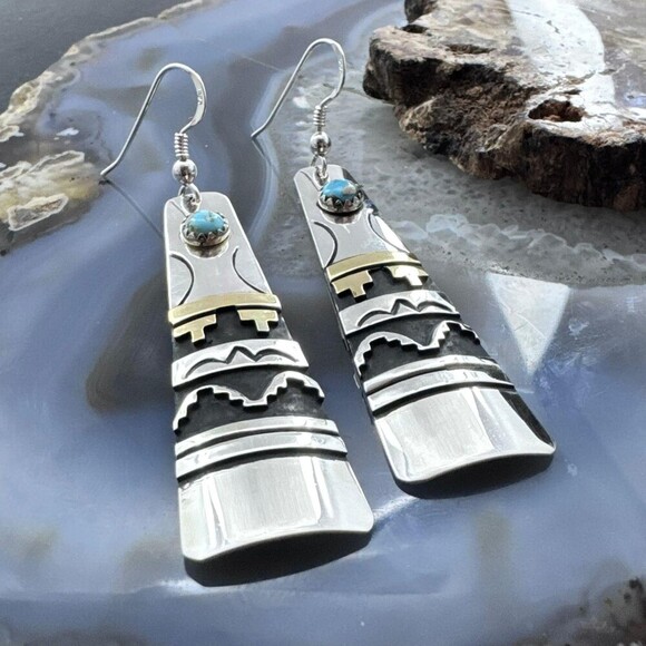 Tommy & Rosita Singer Sterling & Gold Filled Turquoise Elongated Dangle Earrings - Picture 4 of 10
